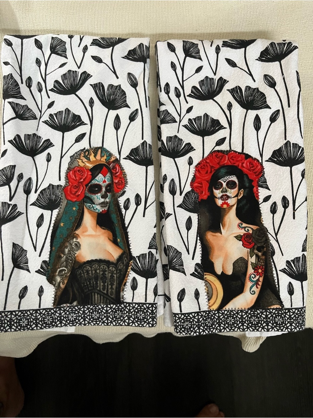 Sexy sugar skull appliqués sewn on 100%cotton hand towels new preshrunk to sew.
